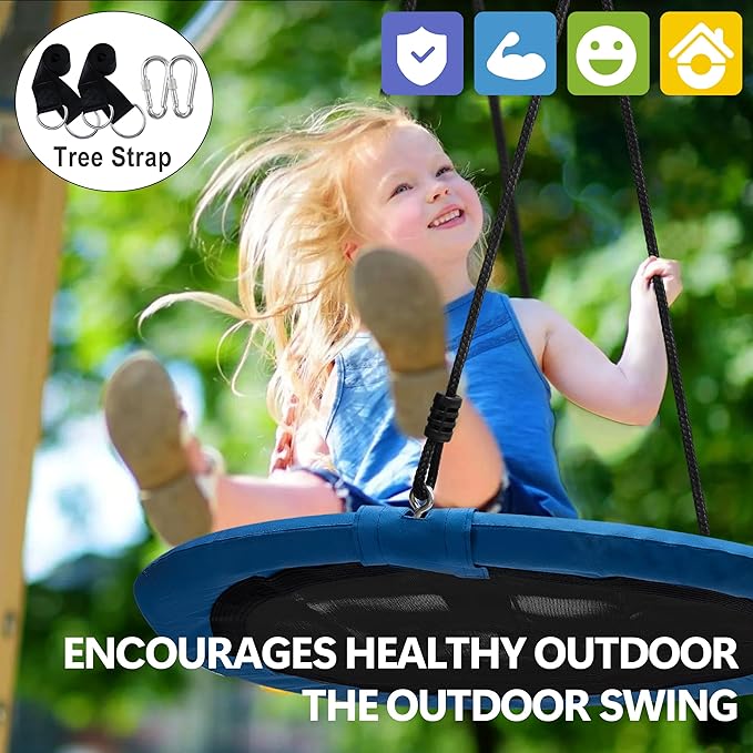 Saucer Tree Swing 40 Inch 600lb Weight Capacity with 2pcs Hanging Straps, 900D Oxford Fabric Waterproof Durable Steel Frame and Carabiner for Kids Adults with Pillow,for Backyard (Blue)
