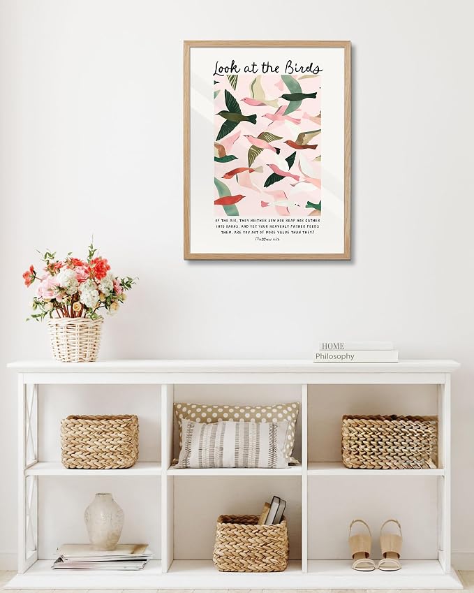 EcoHest 18x24 in Matthew 6:26 Look at the Birds Framed Christian Wall Art | Solid Oak Wood Frame with Canvas Wall Art, Scripture Bible Verse Wall Decor for Bedroom, Living Room, Office, Church, 1Pack