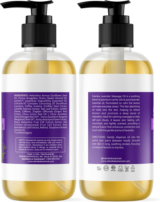 Edenika Botanicals Lavender Massage Oil for Skin, Luxury Aromatherapy & Romantic Massage Oil for Date Night, Relaxing & Hydrating Skin, 8 fl oz