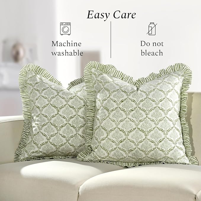 CPC Fern Regal Hand Block Print 100% Cotton Ruffle Throw Pillow Cover 20x20 inch with Hidden Zipper Decorative for Couch, Bed, Sofa, Farmhouse, Cottagecore Decor Gift Christmas Fall Thanksgiving