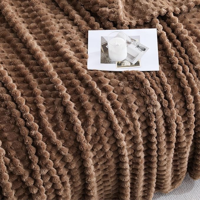 Brown Fleece Throw Blanket 60”×80” for Couch Sofa Bed Super Soft Cozy Plush Microfiber Flannel Blanket with 3D Jacquard Decorative Lightweight for Mom Woman
