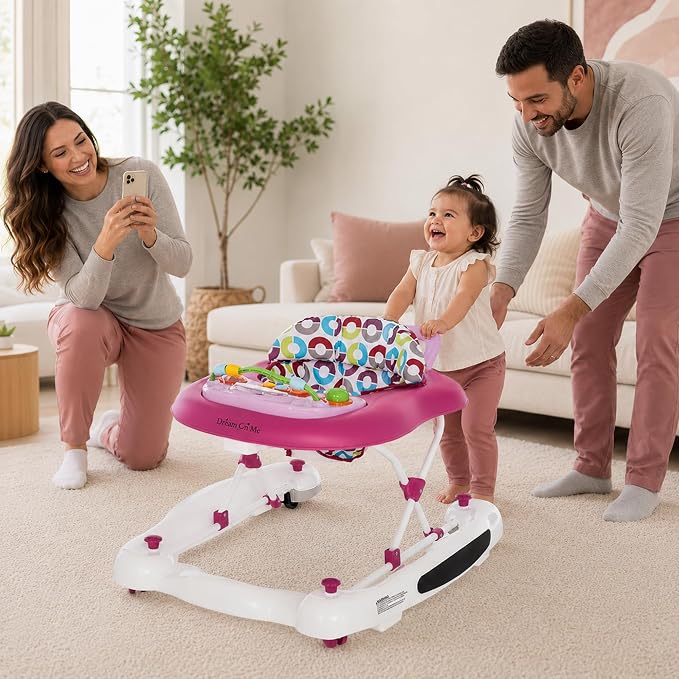 Dream On Me Go-Getter Baby Walker with Rear Push Handle, 2-in-1 Activity Walker and Walk-Behind, 3 Height Adjustments, Easy to Fold, Machine-Washable Seat Pad, Detachable Fun Tray, Pink