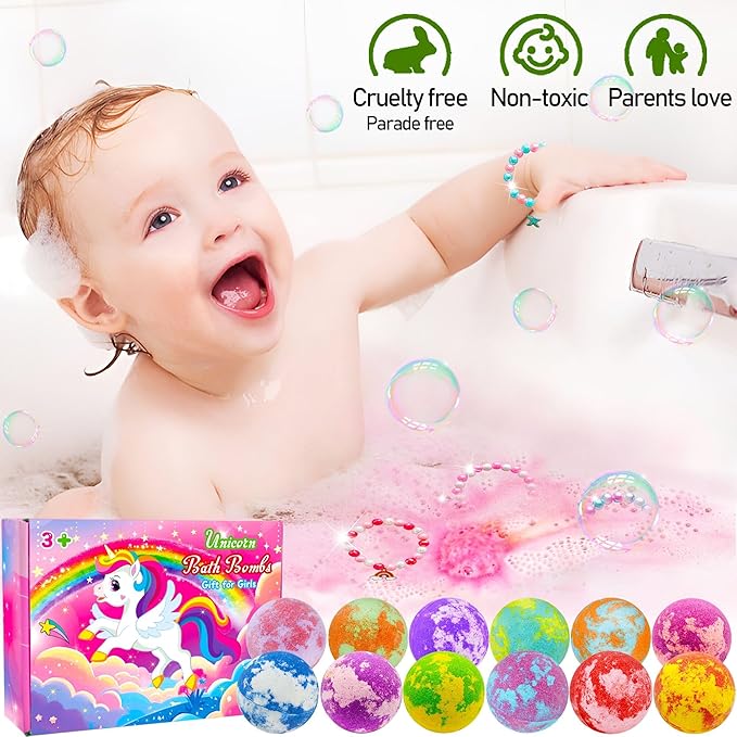 Unicorn Bath Bombs for Kids Girls with Toys Surprise Jewelry Inside Gift for Girls 3 4 5 6 7 8 Years Old Birthday Gifts Ideas Easter Gifts for Girl Easter Basket Stuffers Egg Fillers Christmas Gifts