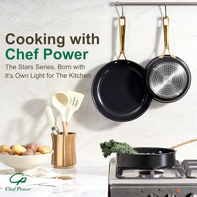 Chef Power Ceramic Frying Pan with Stainless Steel handle 5Pcs Set, Non-toxic Non Stick Grill Pan Set, Induction, Dishwasher and Oven Safe, Stone Black & Light Gold Handle, 8'', 9'', 11'' Skillet