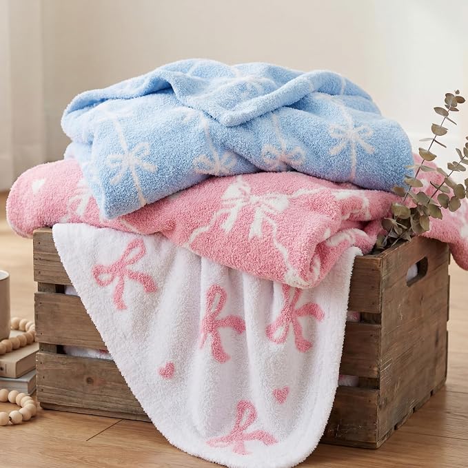 Soft Throw Blanket for Couch-Cozy Reversible Knitted Blankets | Lightweight Warm Fluffy Decor for Women, Mom, Her & Girls, Sofa, Chair, Bed, 50x60in, Diamond Bowknot Pink