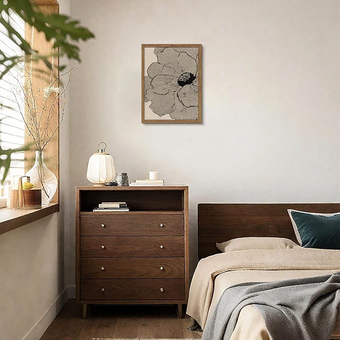 Framed Abstract Floral Wall Art, Neutral Lines Flower Canvas Wall Decor Painting, Modern Minimalist Botanical Poster Print Picture for Living Room Bedroom Bathroom 16x24 Inch