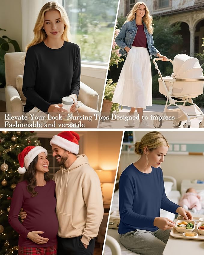 3 Pack Nursing Tops for Breastfeeding Maternity Shirts Zipper Long Sleeve Round Neck Knit Casual Nursing Clothes