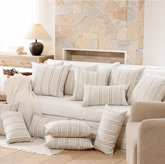 Hckot Striped Throw Pillow Covers 18x18 Set of 2 Charcoal Pillow Covers | Farmhouse Decorative Pillows Textured Linen Square Cushion Covers for Sofa Couch Bed Living Room Decor