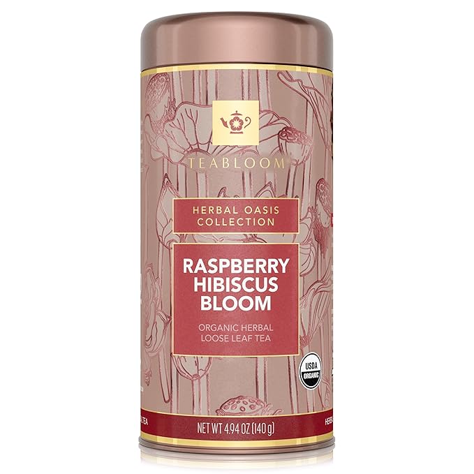 Teabloom Organic Herbal Tea, Raspberry Hibiscus Bloom Loose Leaf Tea, Fragrant and Fruity with Natural Berries, USDA and EU Certified Organic, Fresh Whole Leaf Blend in Reusable Gift Canister, 4.94 oz/140 g Canister Makes 35-50 Cups