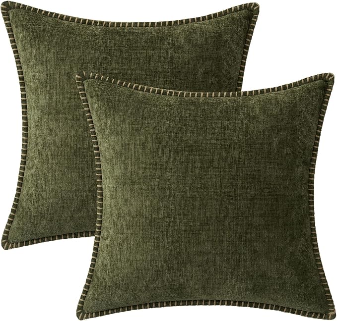MIULEE Decorative Couch Throw Pillow Covers 18x18 Inch Olive Green 2 Pack | Farmhouse Pillow Covers with Stitched Edge, Soft Chenille Cushion Cases, for Sofa Bed Living Room Home Decor