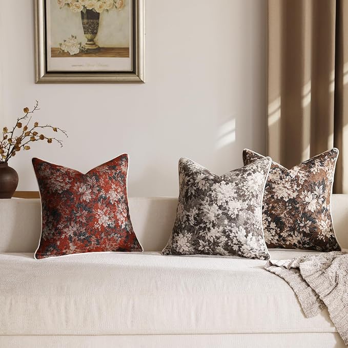 Pack of 2 Vintage Floral Euro Sham Covers 26x26 Boho Farmhouse Accents Chenille Square Decorative Throw Pillow Cases for Living Room Couch Bed Home Decor, Dark Brown