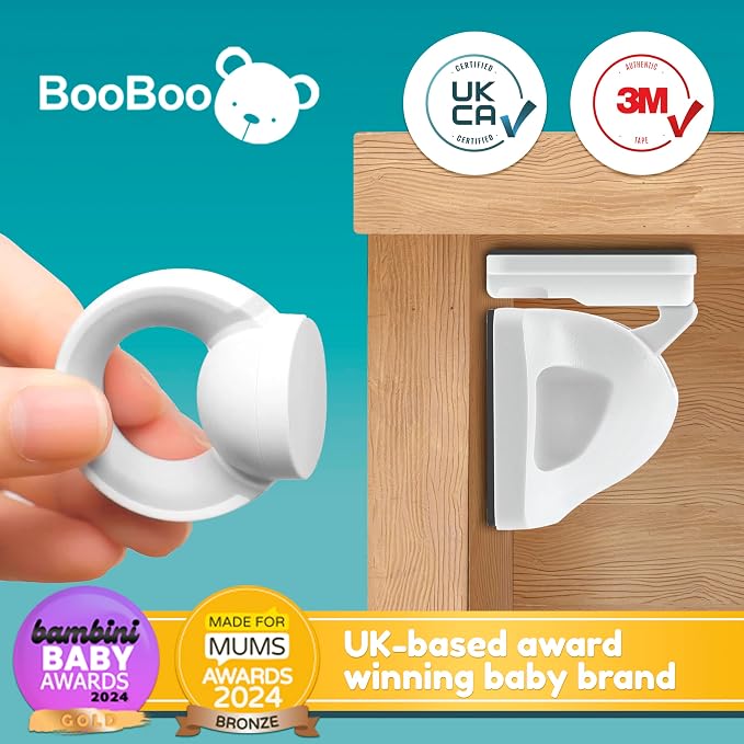 Booboo Baby Magnetic Child Safety Cupboard Locks for Children x4 Locks + x1 Key, Baby Proofing for Kitchen, Cabinets and Drawers, 30 Second Install No Drilling 3M Adhesive (4 Pack)
