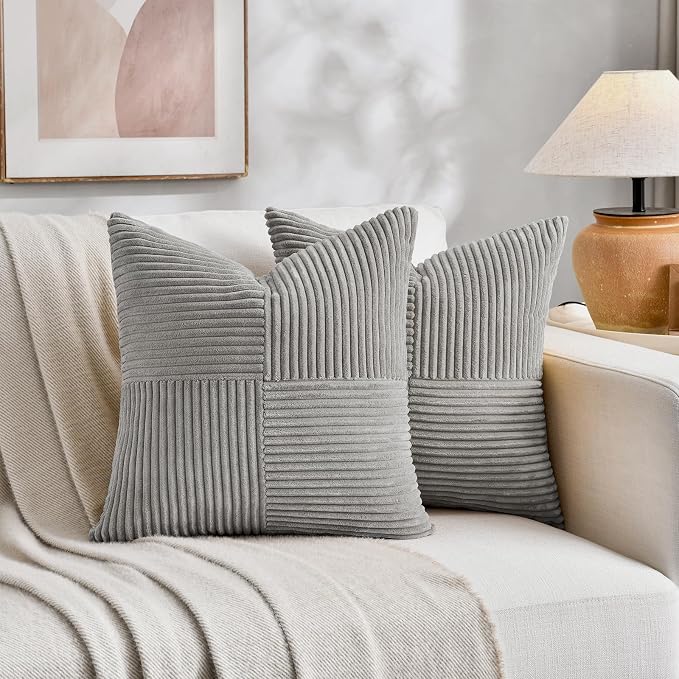 Fancy Homi 2 Packs Grey Euro Decorative Throw Pillow Covers 28x28 Inch for Bedroom Bed, Farmhouse Boho Home Decor, Soft Corss Corduroy Patchwork Textured Square Cushion Case 71x71 cm