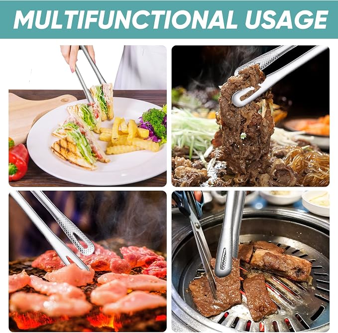 meekoo 6 Pcs 11 Inches Stainless Steel Korean BBQ Grill Tongs Japanese Barbecue Tongs for Cooking Portable Kitchenware Home Outdoor Steak Salad Food