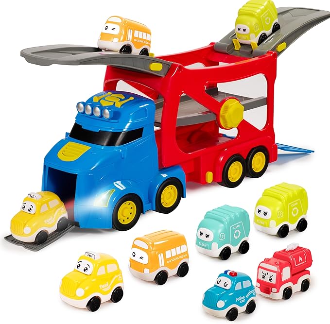 Vroomix Extra Large Toy Trucks for Toddlers, 3-Layer City Trucks for Kids, 7-in-1 Big Transport Carrier Truck with Siren & Lights and 6 Toy Cars, Christmas Birthday Gifts for Boys Girls