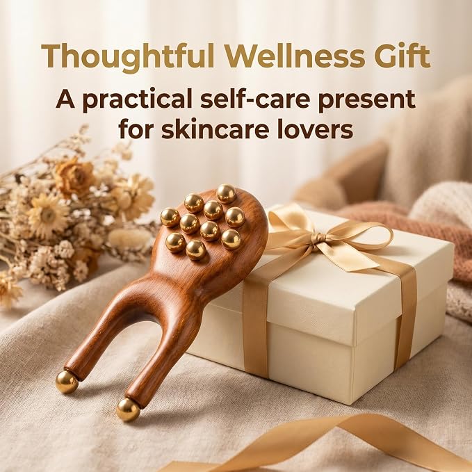 Scarab Acupressure Tool & Wooden Gua Sha Comb Set, Sandalwood Facial Massage Tools with Brass Beads for Face, Jawline, Scalp & Eye Care, Relaxation & Self Care Gift Set