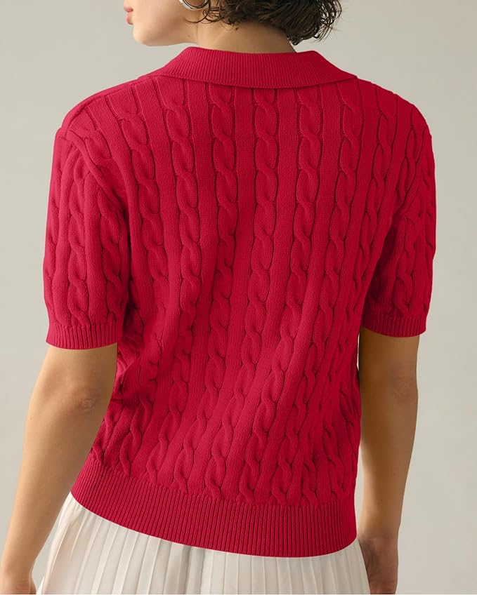 Imily Bela Womens Cable Short Sleeve Sweaters Tops Lapel V Neck Knit Shirt | Solid,Knit Casual,Soft Pullover,Fall Sweaters,Womens Summer Work Tops