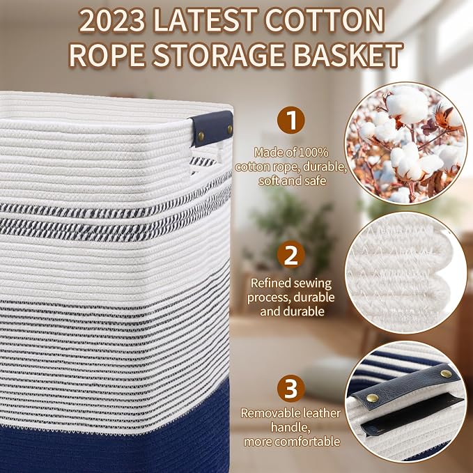 DOFASAYI Laundry Hamper, 85L Cotton Rope Laundry Basket, Dark Blue & White | Foldable nursery hamper with leather handles; store blankets, toys, baby clothes and laundry in bedroom or living room