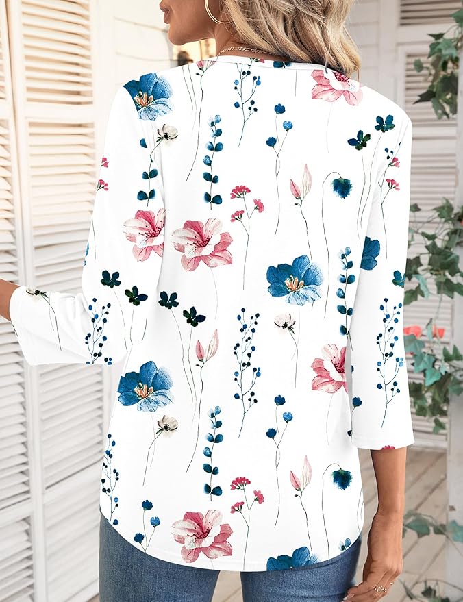 LOMON 3/4 Length Sleeve Womens Tops Spring Summer Fashion 2026 Tops Crew Neck Pleated Shirts Tunic Top Loose Fit
