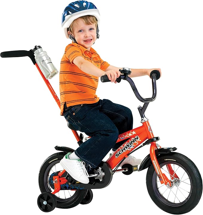 Schwinn Petunia and Grit Bike, 12 Inch Bike for Kids Ages 2-4, Orange, Teal, Pink or Blue, Steerable Beginner Bicycle with Training Wheels, Parent Push Handle, Rear Coaster Brake, Adjustable Seat