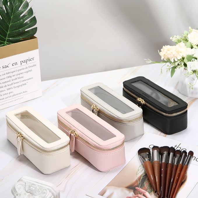 Aveniee Clear Makeup Brush Bag, Slim Cosmetic Brush Holder, small Toiletry Bag Mini Travel Case for Women, Thin Make up Bags with Dual Zipper, Cute Travel Essentials Organizer,Pink