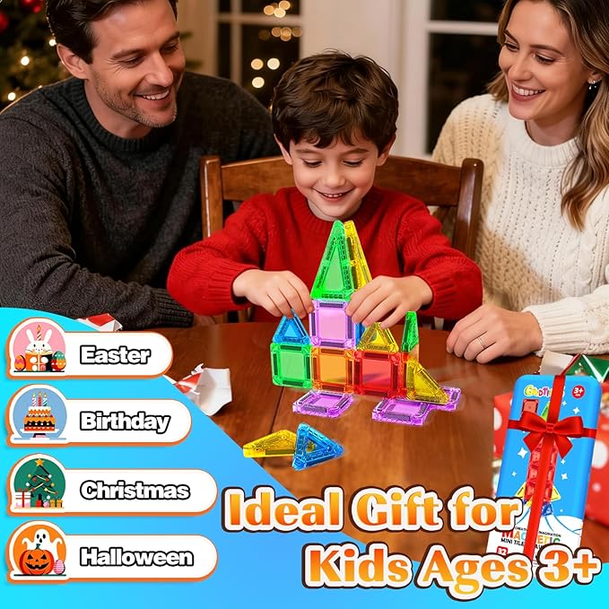 Mini Magnetic Tiles, Magnetic Travel Toys with Portable Tin, STEM Preschool Toddlers Toys for Kids Ages 3-5 4-8, Ideal Birthday&Christmas Gifts for 3+ Years Old Boys and Girls