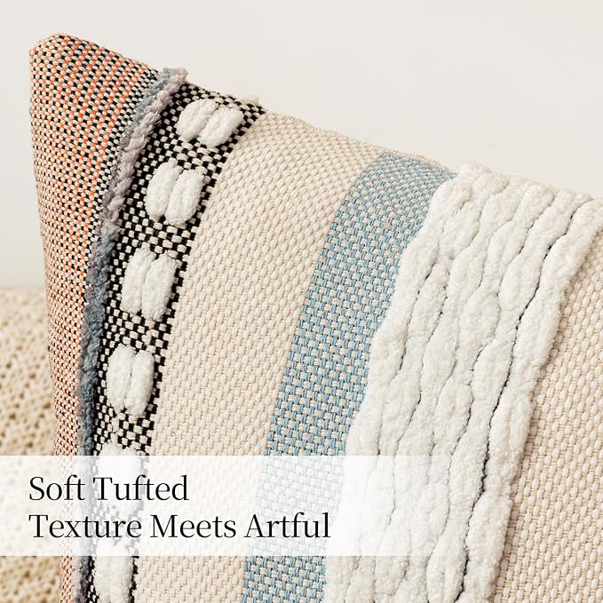 ANRODUO Boho Decorative Pillow Covers 20x20 Orange-Blue Stripe Pack of 2 | Throw Pillow Covers, Farmhouse Cushion Case, Chenille Pillow Cases, Pillow Covers, Accent Neutral Pillowcase for Sofa Couch
