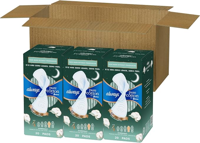Always Pure Cotton Feminine Pads for Women, FlexFoam Pads with Wings, Size 4, Overnight Absorbency, Unscented, 60 Count (Pack of 2)