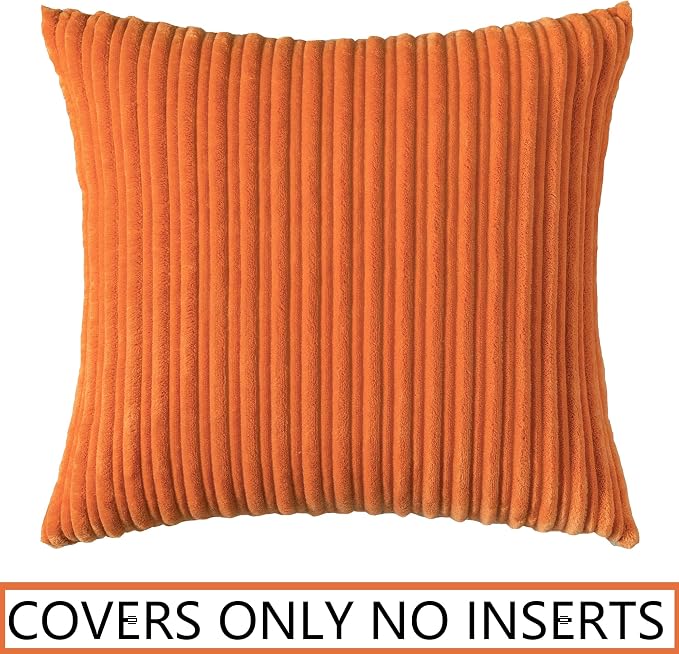UGASA Fall Decorative Soft Velvet Stripe Pillow Cover 1 Pack Solid Corduroy Textured Euro Cushion Case for Couch Bedroom Sofa Farmhouse, 26x26 Inch, Orange