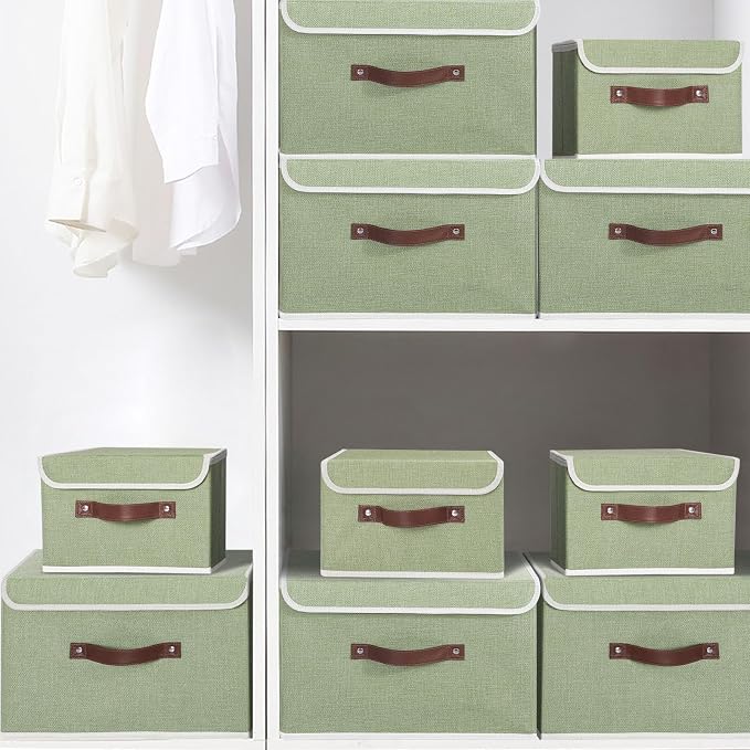 ANMINY Fabric Storage Box Bins with Lids, Green, 13"x9"x7.9", 4 Pack | Keepsake Memory Storage, Cotton Linen, PP Board Reinforced, Washable, PU Handles, Foldable & Stackable, Decorative, Medium