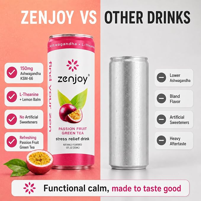 Zenjoy Adaptogen Drink Stress Relief Tea | Non Alcoholic Calming Drink w/Ashwagandha, Lemon Balm & L-Theanine for Focus | Stress Tea Calming Social Mocktail with Adaptogens (12 Pack, Passion Fruit)