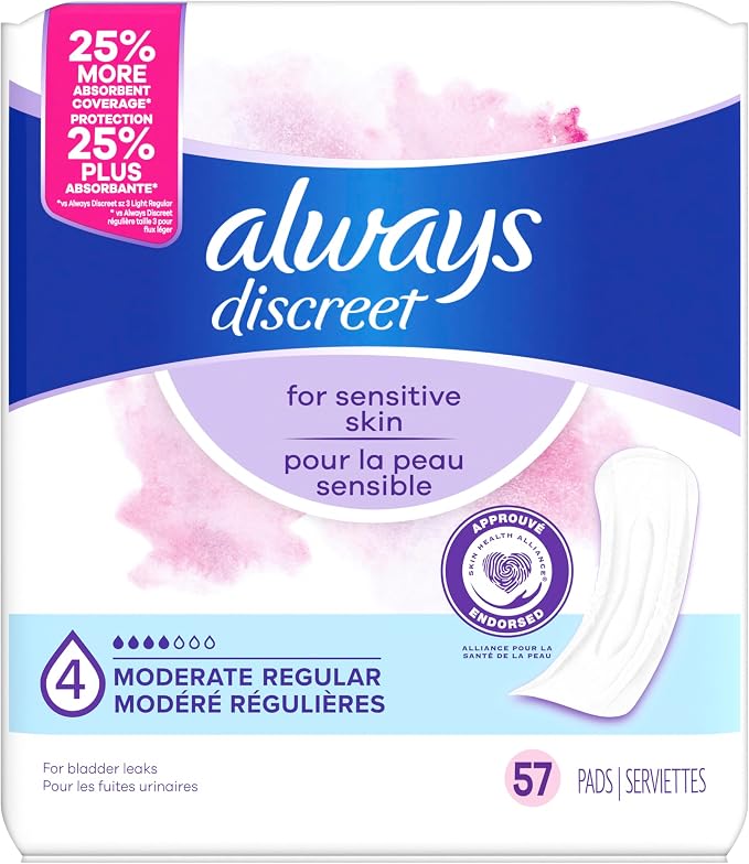 Always Discreet Incontinence Pads for Women with Bladder Leaks, Sensitive Skin Pads Moderate Absorbency, Regular Length, 57 Count