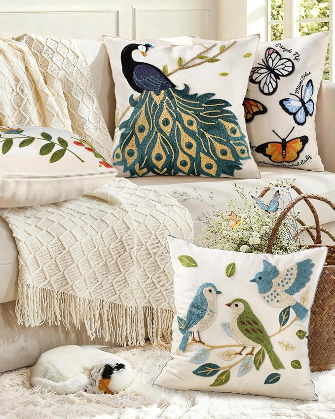 Animal Embroidered Throw Pillow Cover 18x18 Inch, Peacock | Decorative Pillow Cover, Boho Cushion Cases with Hidden Zipper, Country Decor for Couch, Sofa, Living Room, Bedroom