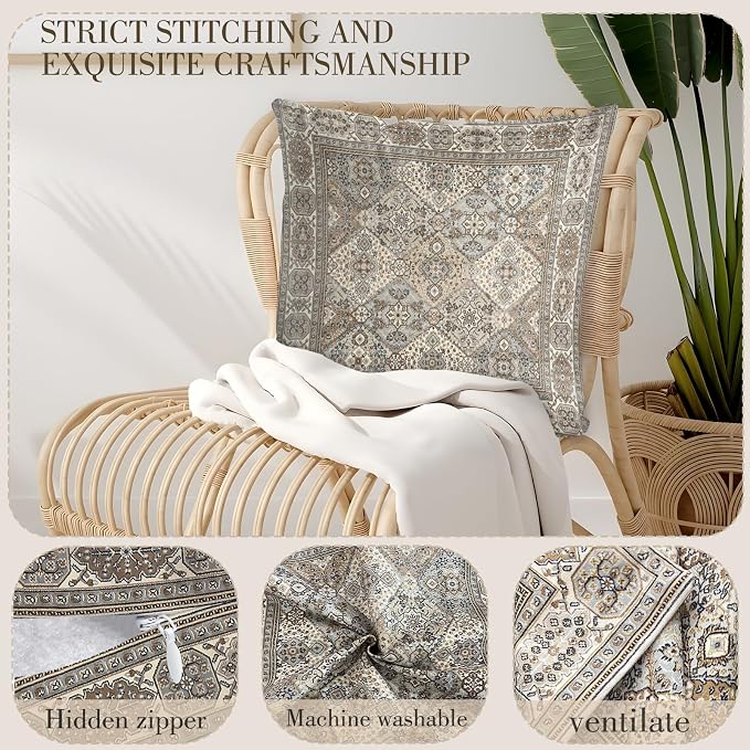 Boho Floral Throw Pillow Covers 16x16 inch Set of 2,Grey Boho Rug Geometric Floral Pattern Decor Double Sided Pattern Cushion Cover Soft Pillow Case Living Sofa Room Bed Square Pillow Cover