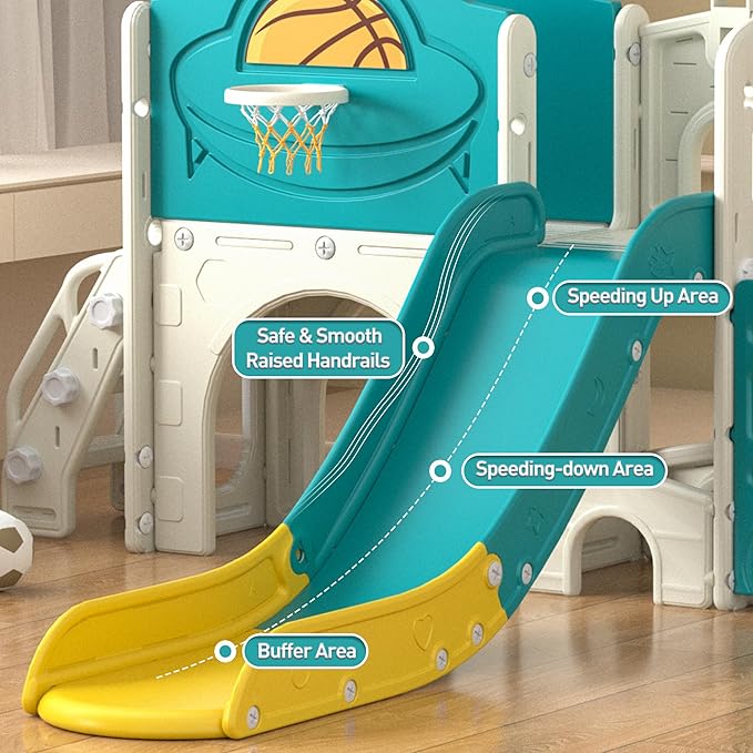 NYEEKOY 9-in-1 Toddler Slide, Bus-Themed Baby Slide and Climber Playset with Basketball Hoop, Ring-Toss, Car Playhouse, Kids Indoor and Outdoor Playground