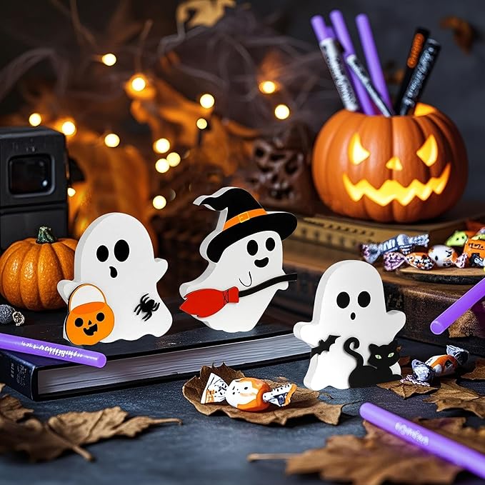 Cute Halloween Decorations Indoor-Cute Halloween Wooden Tiered Tray Decor, 3 Pcs Wooden Ghost Blocks Signs for Home Shelf Mantel Tabletop Office Party Fireplace