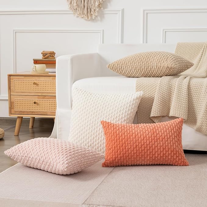 Kevin Textile Soft Corduroy 14"x22" Lumbar Pillow Cover 1 Pack, Light Pink | Boho Stripe Plush Corduroy Decorative Oblong Cushion Cover Modern Farmhouse Home Decor for Sofa Couch Bed Chair