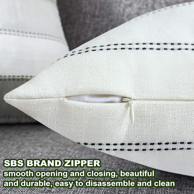 Pack of 2 Farmhouse Stripe Check Throw Pillow Covers Set Case Cotton Linen Decorative Pillowcases Cushion Cover for Couch Bench Sofa 26x26Inch Cream