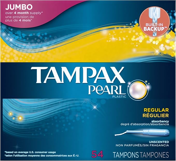 Tampax Pearl Plastic Tampons, Regular Absorbency, Unscented, 54 Count
