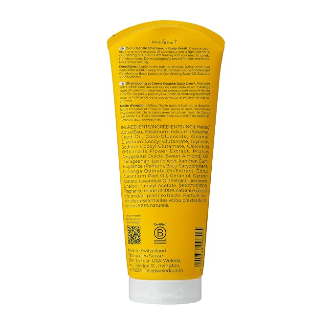 Weleda Baby Calendula 2-in-1 Gentle Shampoo and Body Wash, 6.8 Fluid Ounce, Plant Rich Cleanser with Calendula and Sweet Almond Oil