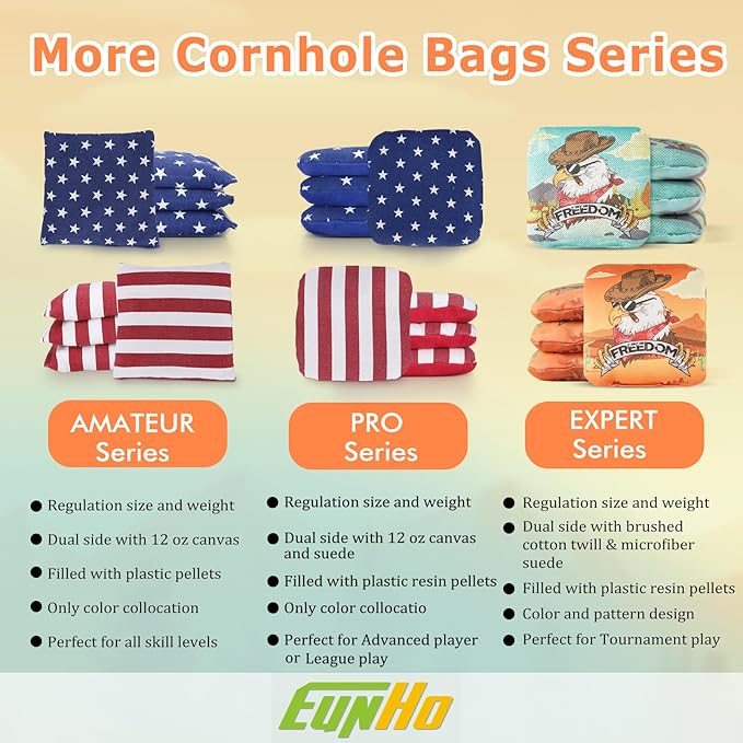 EunHo Regulation Cornhole Bags Set of 8 - Dual Sided Slick and Stick Cornhole Bean Bags for Tossing Game Professional All Weather Pro Corn Hole Bags with Tote Bag