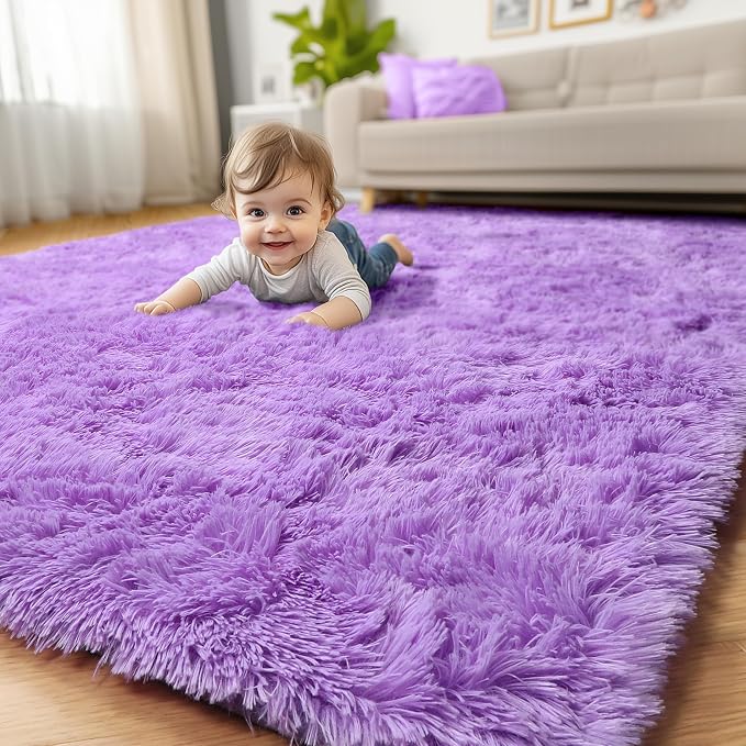 Amdrebio Purple Fluffy Kids Area Rug 4x6 for Girls Bedroom Dorm Nursery | Shaggy Furry Fuzzy Plush Shag Lavender Carpet, Classroom Playroom Living Room Decor, Baby Toddler Corner, Cutecore Aesthetic