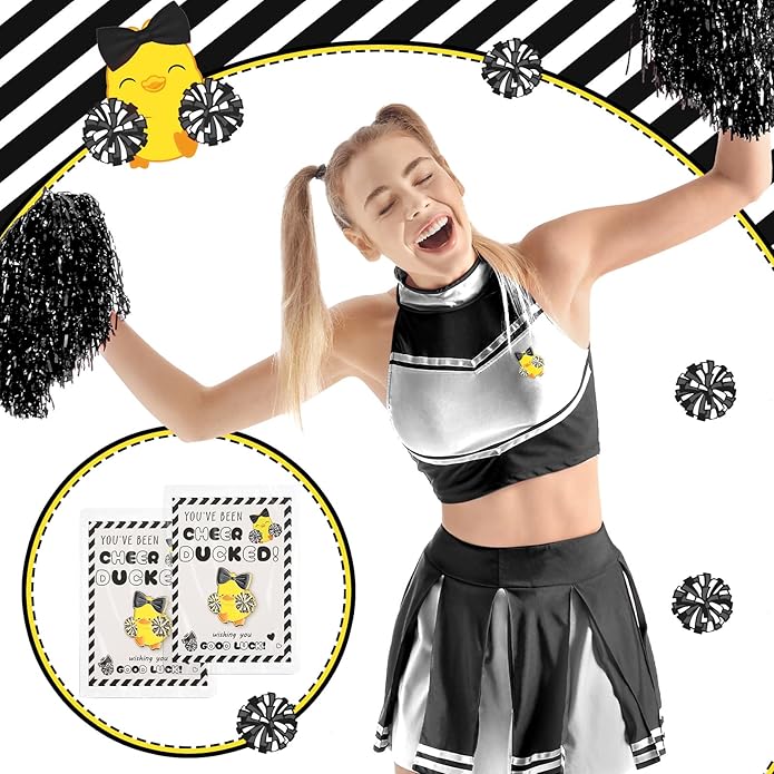 Quelay 24 Pack Cheer Team Gifts Bulk Cheerleader Duck Pins Brooches You've Been Cheer Ducked Tags Team Inspirational Gift Accessories for Teammates