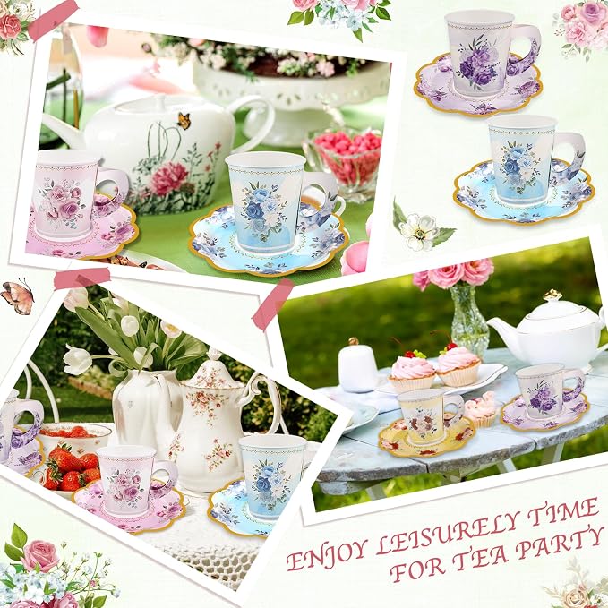 24 Sets Disposable Paper Tea Cups 7 OZ Floral Tea Party Cups with Handle and Plates Teacups and Saucer Sets for Garden Party Baby Bridal Shower Birthday(Watercolor Style)