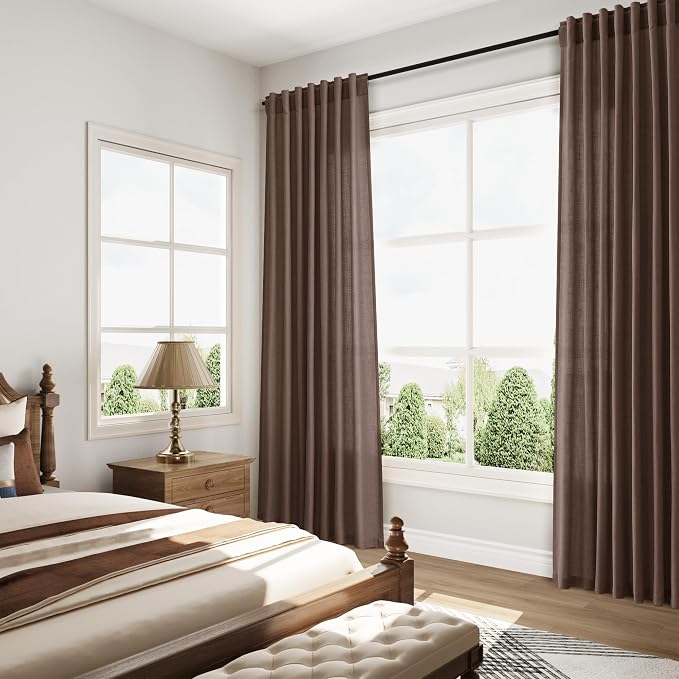 Cappuccino Linen Curtains 72 Inch Long for Living Room Bedroom Lightweight Door Drapes 2 Panels Set, Semi Sheer Light Filtering Back Tab or Rod Pocket Curtain,52x72