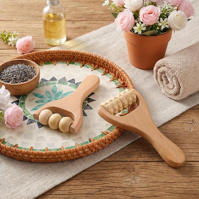 Telooco 2Pcs Wooden Massage Roller, Handheld Wood Massage Tools - Wood Roller for Back Leg Foot Muscle Relief