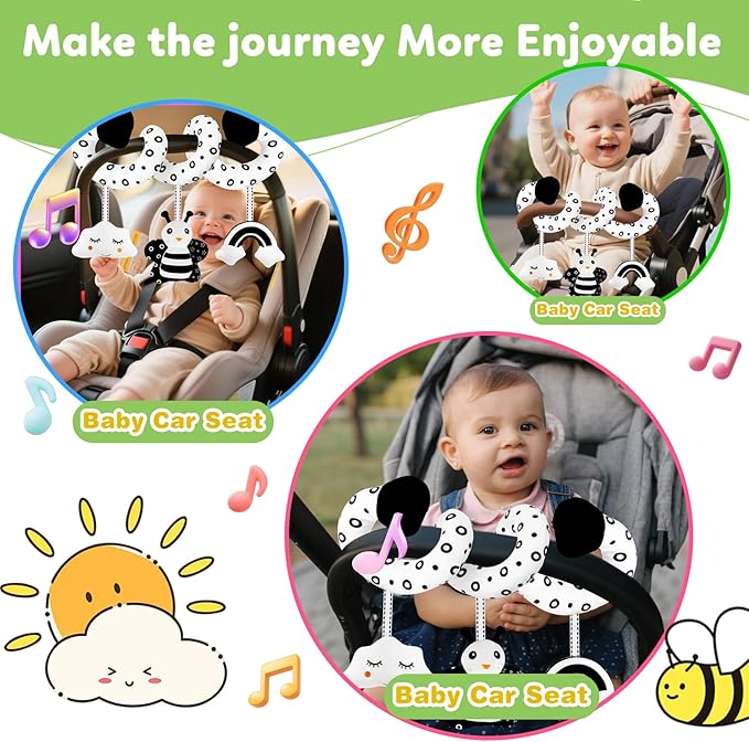 kizh Baby Hanging Stroller and Car Seat Toys High Contrast Baby Toys for Newborn Black and White Sensory Plush Activity Toys for Babies 0-6 Months-BEE