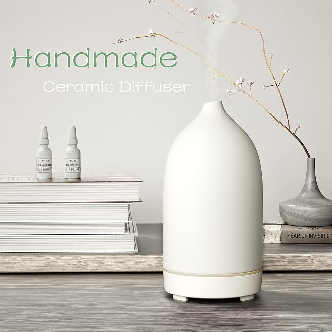 Essential Oil Diffusers,Handmade Ceramic Aromatherapy Diffuser for Room and 9 Colors Night Light for Home,Auto-Off (White)