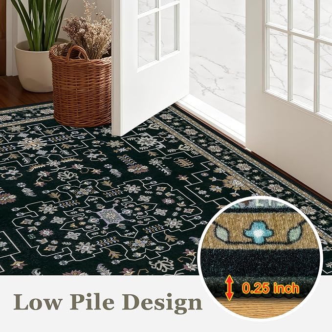 Round Area Rug for Living Room: 4 ft Washable Vintage Boho Soft Thin Circle Rug Indoor Floor No Slip Stain Resistant Carpet for Bedroom Dining Room Farmhouse Nursery Home Office - Black