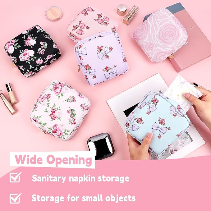 Sanitary Pad Storage Bag Portable Period Bag for Teen Pads/Sanitary Napkins/Small Tampons, Sanitary Napkin Storage Bag First Period Gifts for Teen Girls (Pink Rose Bowknot)